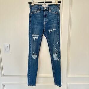 Topshop High Rise Super Distressed Ripped Knee Skinny Jeans Medium Wash Sz 26
